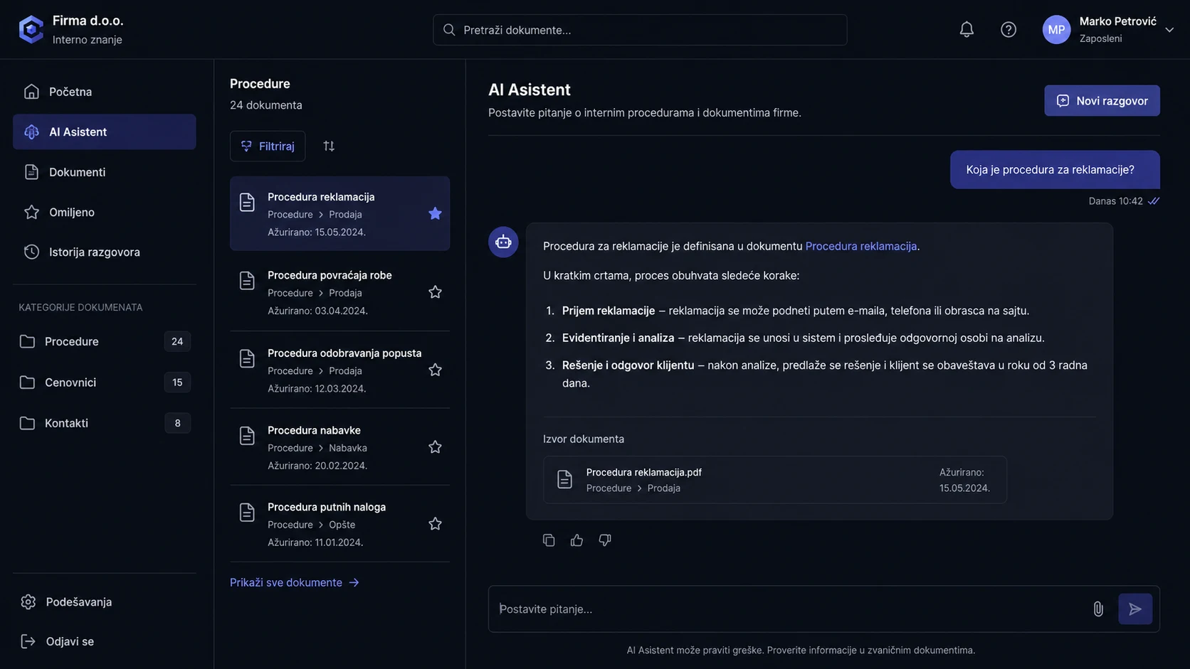 AI interno znanje firme – chatbot za zaposlene