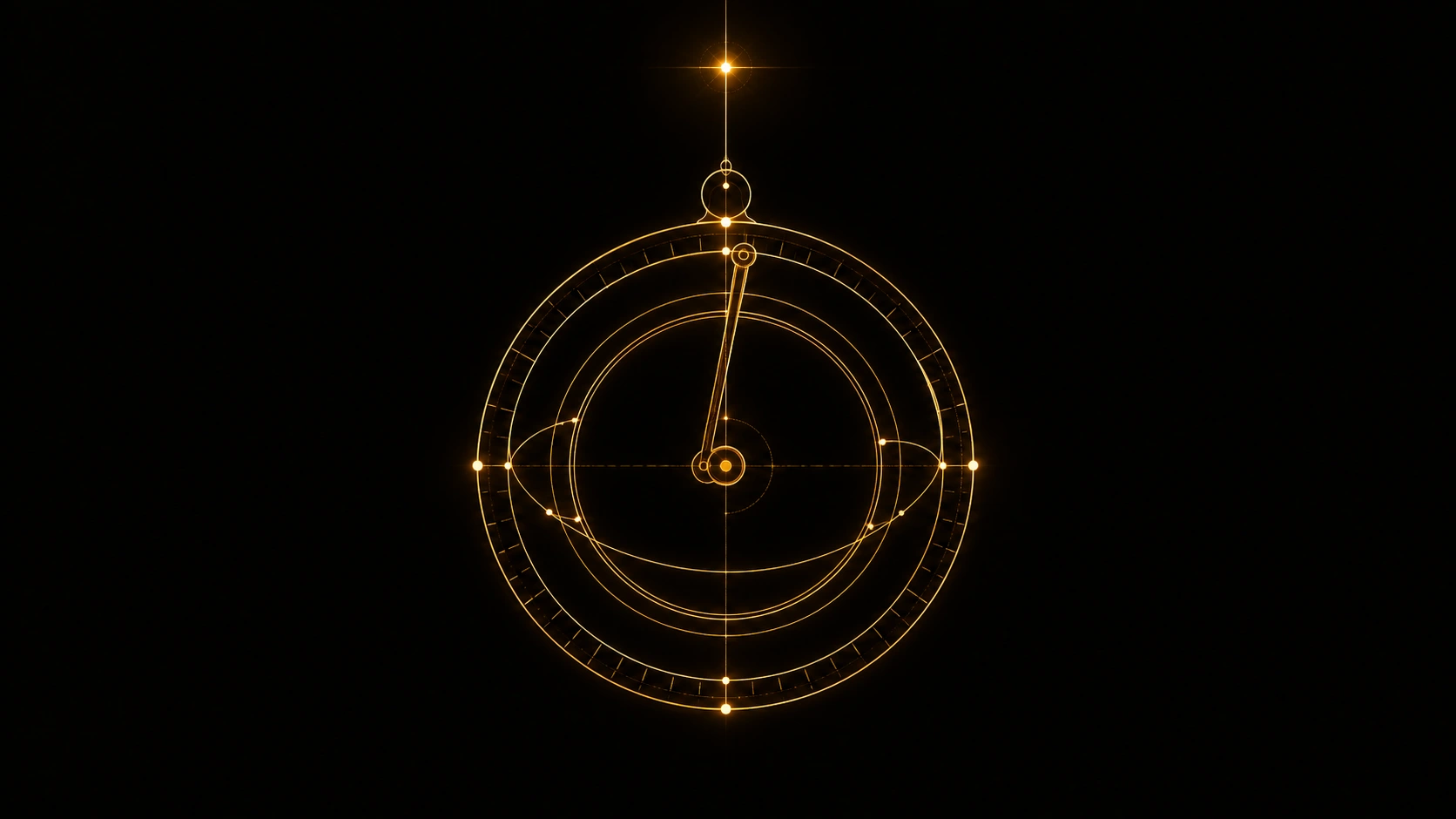 A traditional astrolabe redrawn as a minimal glowing gold circuit diagram, its rotating rings and pointer rendered as branching lines of light oriented toward a single fixed reference point