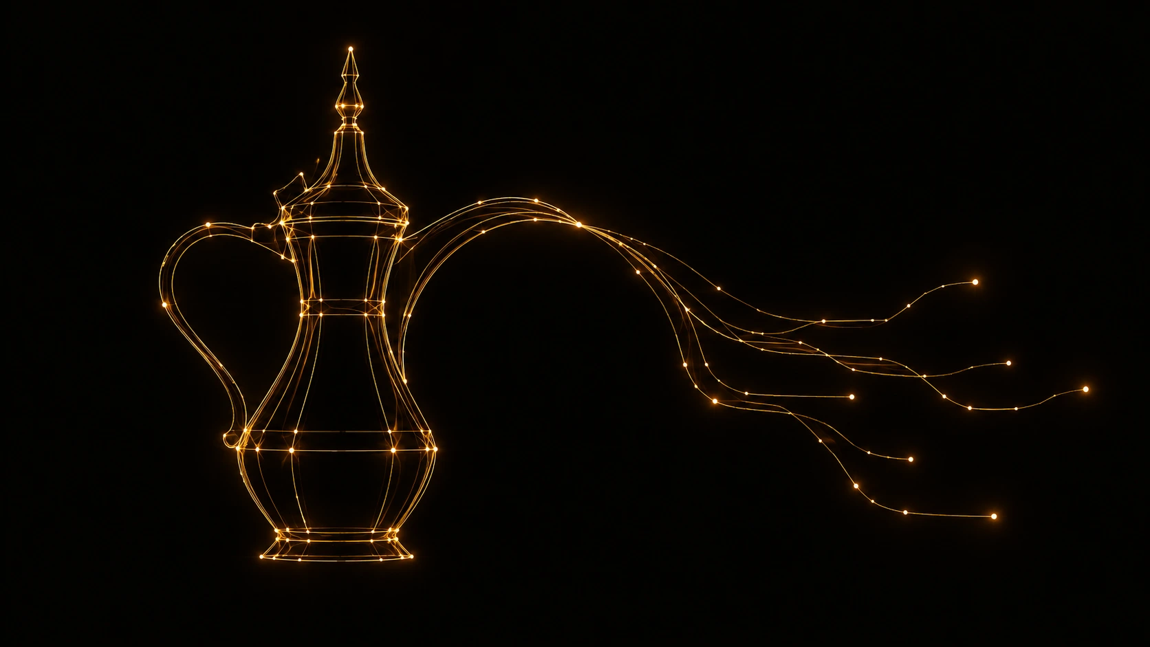 A traditional Arabian coffee pot, the dallah, redrawn as a minimal glowing gold circuit diagram, its spout extending into branching lines of light connecting to several distant points