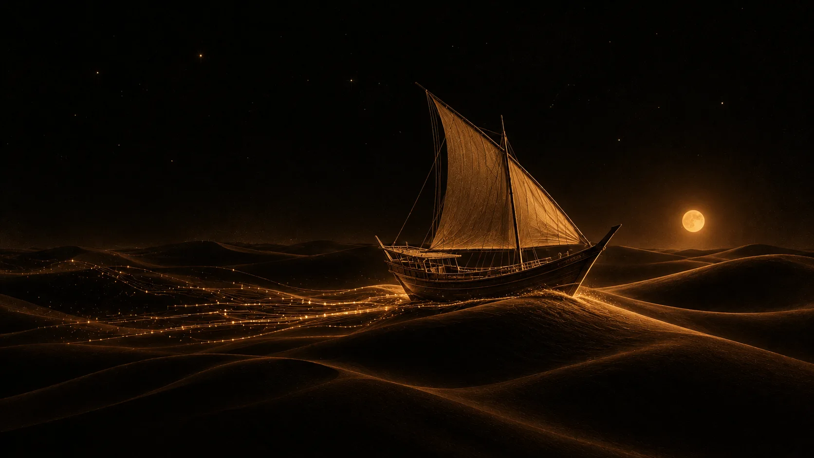 A traditional dhow boat sailing across desert dunes at night, leaving a trail of glowing gold circuit-like lines