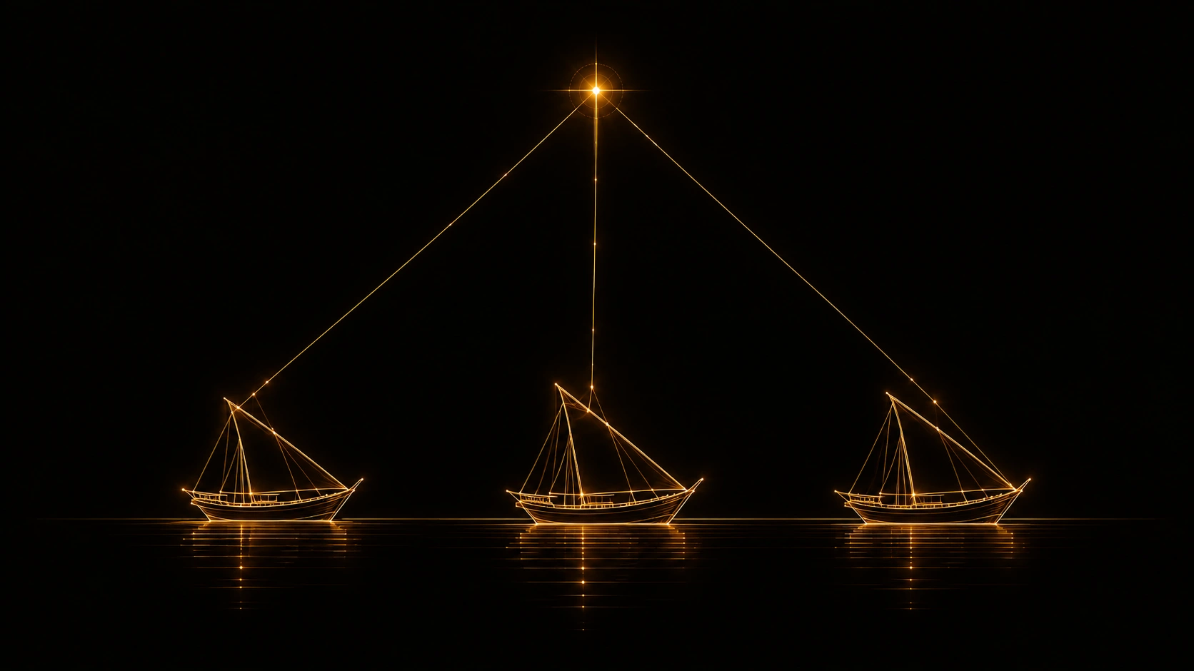 A formation of traditional dhow boats sailing on parallel courses at night, rendered as minimal glowing gold lines, all guided toward a single bright star overhead