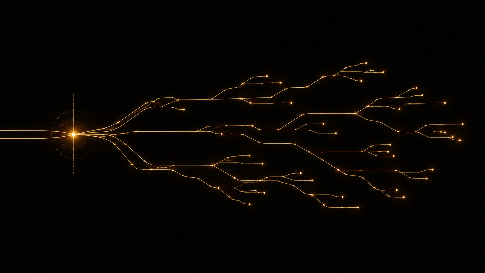 A traditional falaj irrigation channel network redrawn as a minimal glowing gold circuit diagram, water channels replaced by branching lines of light distributing from a single source