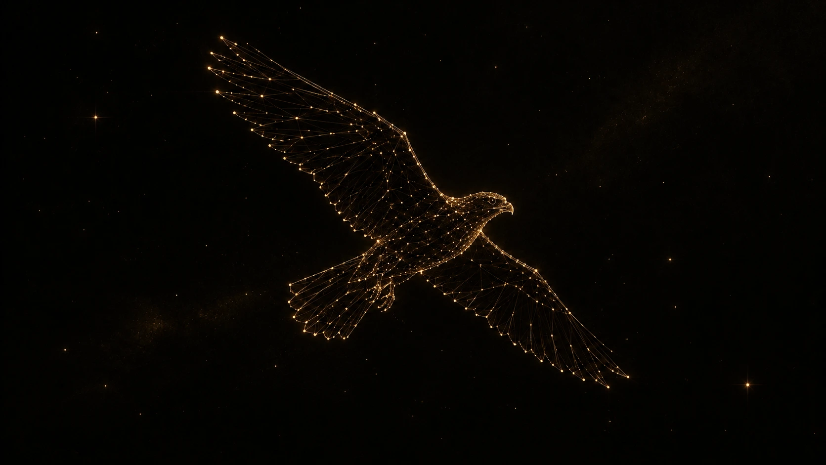 A falcon in flight rendered as a minimal constellation of gold points and lines against a night sky