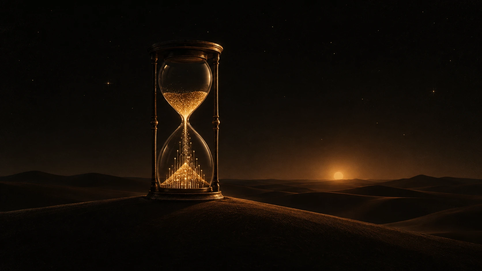 An hourglass on a desert dune at night, its falling sand rendered as glowing golden data particles