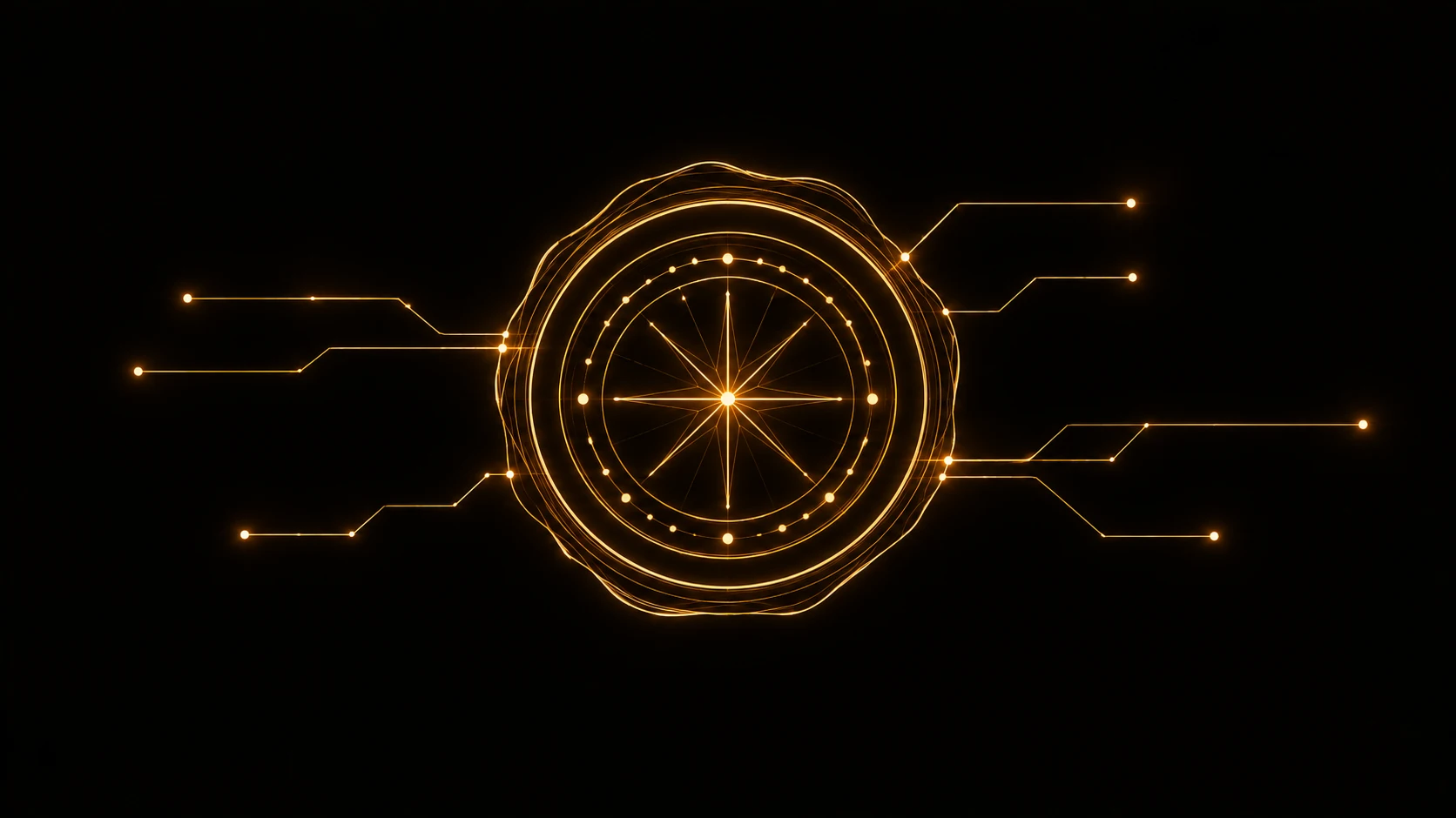A traditional wax trade seal, a khatam, redrawn as a minimal glowing gold circuit diagram, its impression pattern rendered as branching lines of light radiating from a central stamp