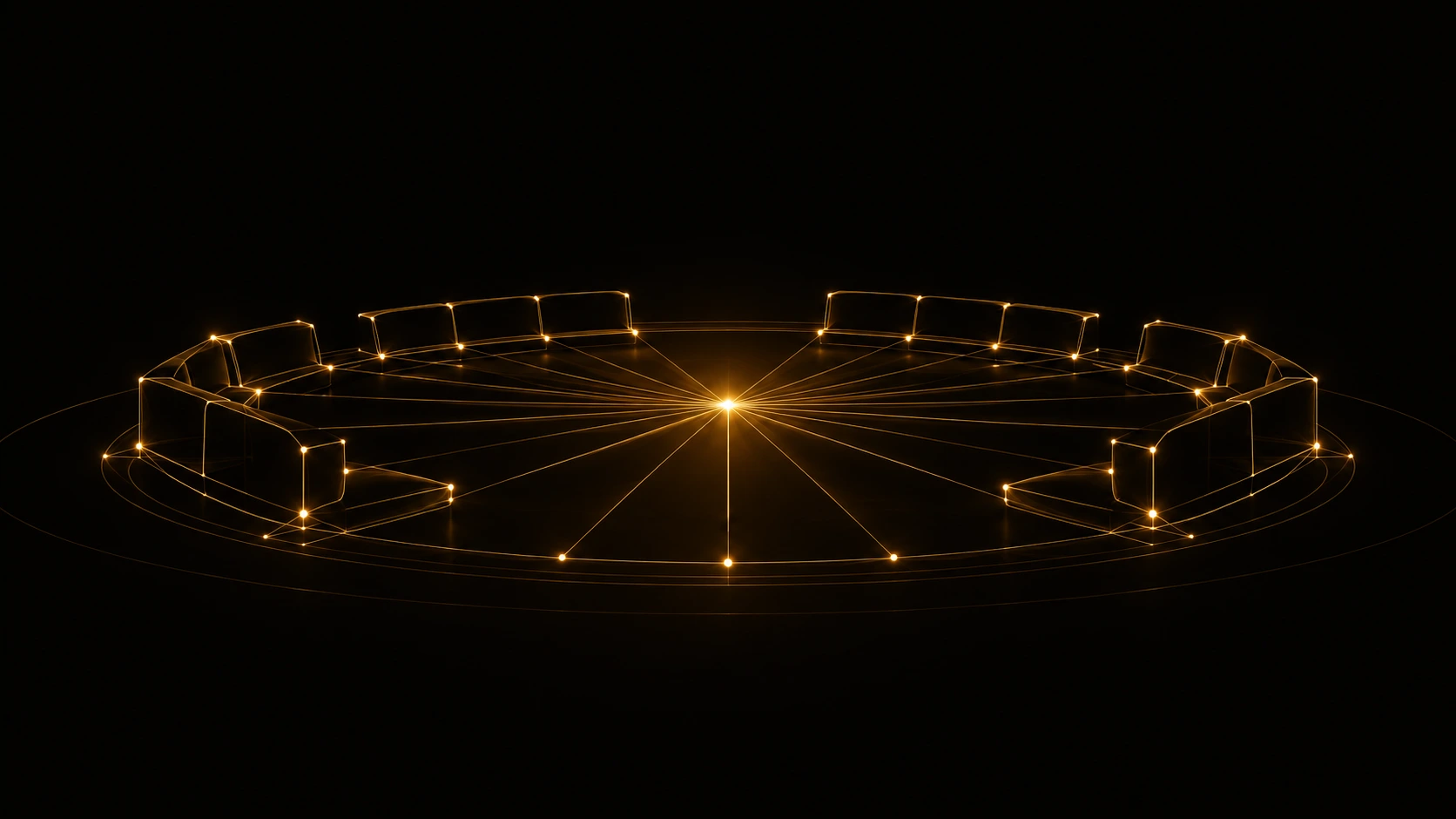 A traditional Gulf majlis seating circle redrawn as a minimal glowing gold circuit diagram, every seat connected by light to a single point at the center