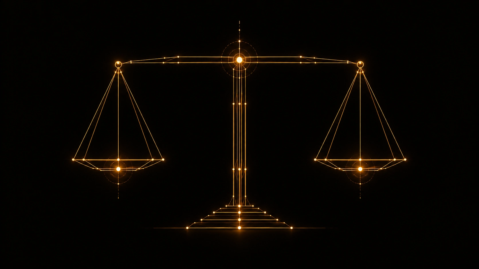 A traditional merchant's balance scale redrawn as a minimal glowing gold circuit diagram, both pans connected by lines of light to a single central balancing point