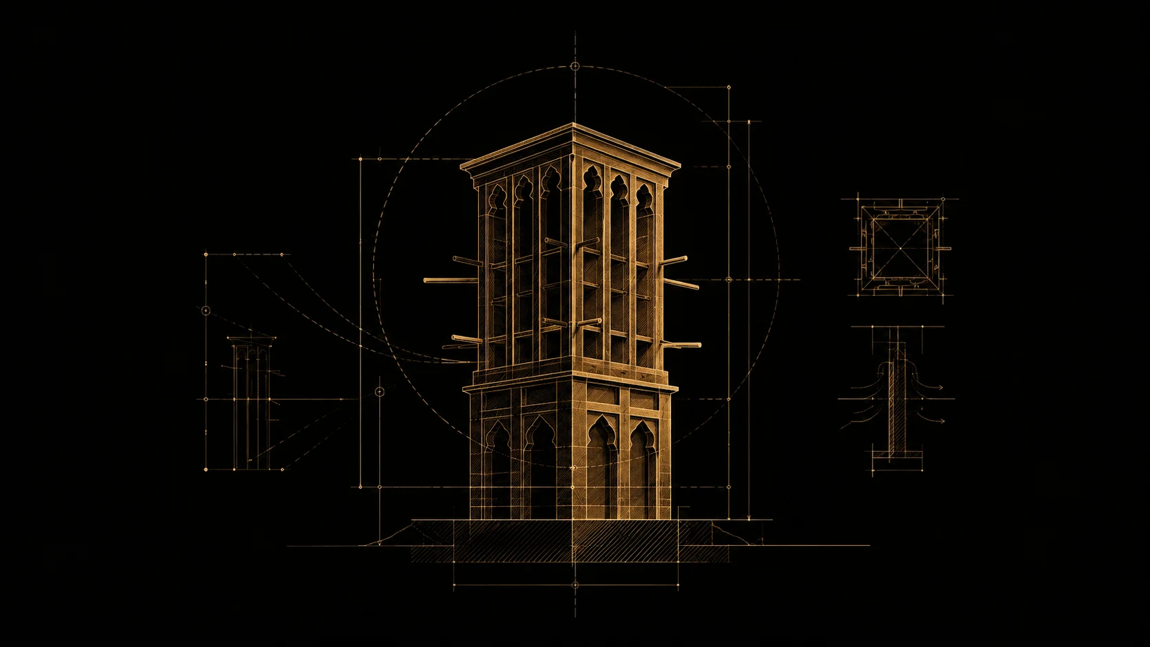 A traditional Gulf wind-tower redrawn as a glowing gold architectural blueprint on a black background